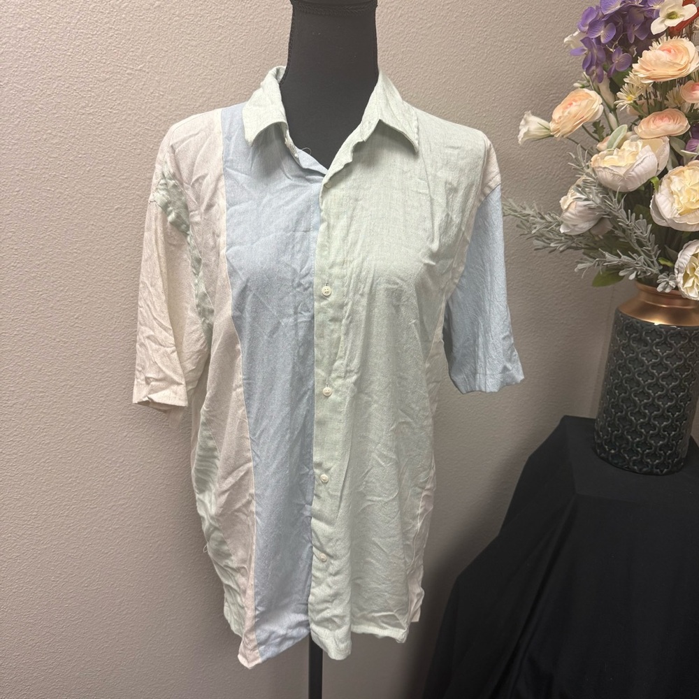 ZARA Colorblock Linen Blend Button Shirt | Neutral Pastel Oversized Top L